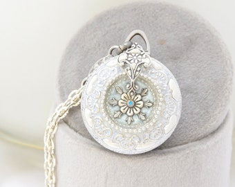 Silver 4 Photo Locket Necklace with Photo Printing & Insert Service, Keepsake Bridal Locket with Crystal