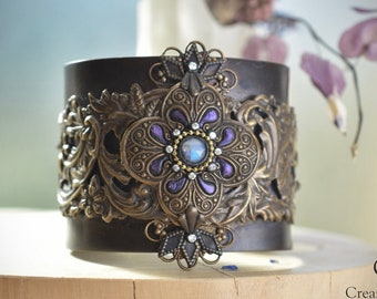 Handmade Victorian Gothic Moonstone Cuff Bracelet with Deep Purple Resin, Oxidized Brass Filigrees & Crystal Rhinestones, Leather Lining