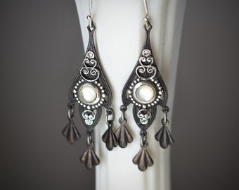 Dark Mother of Pearl Chandelier Earrings, Hand-Oxidized Brass and Antique Silver
