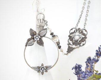 Handmade Art Nouveau Silver Plated Magnifying Glass Pendant Necklace with Flowers and Bee, Oxidize Brass and Silver Monocle, Crystals