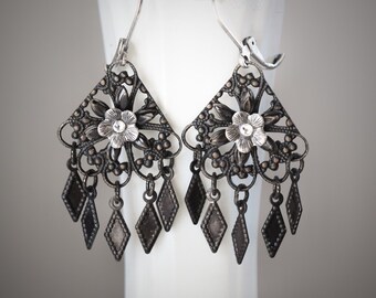 Dark Filigree Chandelier Tassel Earrings with Moonlight Crystals, Hand-Oxidized Brass and Antique Silver