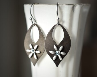 Hand-Oxidized Brass Filigree Earrings with Antique Silver Flower and Moonlight Crystal Rhinestones, Stain glass Window