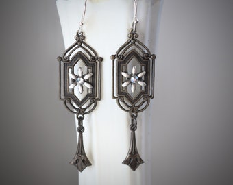 Handmade Oxidized Brass Filigree Earrings with Antique Silver Flower and Moonlight Crystal Rhinestones, Stain glass Window