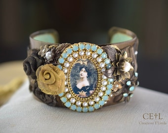 Exclusive Handmade Victorian Style Cuff Bracelet, Gothic Female Cameo Image, Bronze Filigrees & Mesh Roses, Green Opal Crystal and Pearls