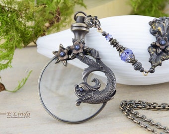 Handmade Gothic Koi Fish Magnifying Glass Pendant Necklace, Tanzanite Pale Lavender Crystals, Oxidized Brass Monocle with Fish and Flowers