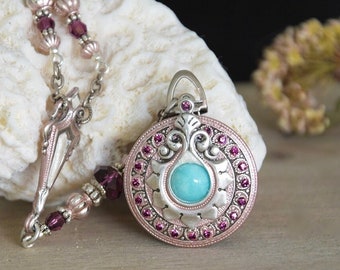 Art Deco 4 Photo Locket Necklace with Photo Printing & Insert Service, Amazonite, Amethyst Crystals, Antique Silver with Rose Gold Patina