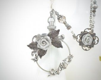 Handmade Art Nouveau Silver Plated Magnifying Glass Pendant Necklace with Oxidized Brass Leaves & Silver Patina Mesh Roses, Crystal Beads