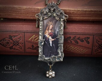 Handmade Gothic Soldered Glass Pendant Necklace, Silver Alloy Solder Picture Pendant, Madonna & Child, Oxidized Brass Ball Chain