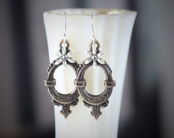 Hand-Oxidized Brass Filigree Earrings with Antique Silver Flower and Moonlight Crystal Rhinestones