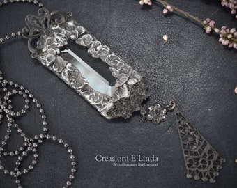 Handmade Silver Alloy Soldered Beveled Glass Pendant Necklace, Soft Solder Technique, Hand Oxidized Brass Filigrees & Ball Chain, Crystals