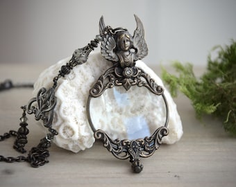 Handmade Gothic Guarding Angel Magnifying Glass Necklace, Oxidized Brass Monocle Necklace, Black Diamond Crystal, Black Magnifier Pendant