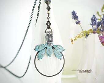 Handmade Owl Magnifying Glass Pendant Necklace, Gothic Oxidized Brass Monocle, Black Owl Rhinestone Eyes, Aqua Patina Leaves