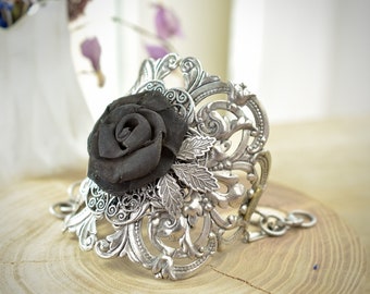 Art Nouveau Antique Silver Plated Filigree Cuff Bracelet with Hand-Oxidized Brass Mesh Rose, Bridal Wedding in Silver with Black Accents