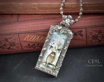 Handmade Soldered Glass Pendant Necklace, Silver Alloy Solder Picture Pendant, Storybook Owl, Moonlight Crystal, Antique Silver Ball Chain