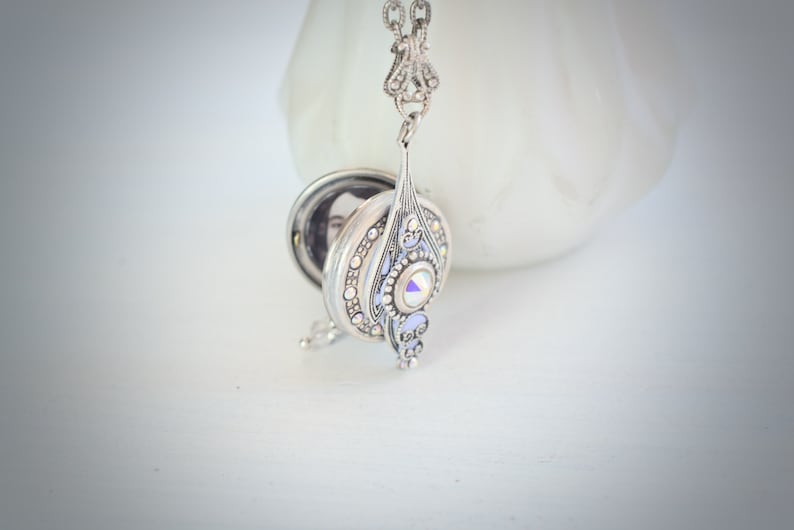Handmade Art Deco Locket Necklace in Antique Silver with Crystal and Periwinkel Shimmer, Tiny Locket with Photo Printing & Insert Service image 7