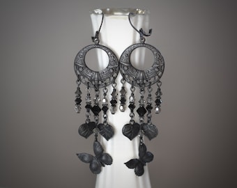 Black Ferrite Ore Filigree Earrings with Black Diamond Crystals, Filigree Rings with Butterfies and Leaves