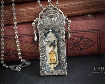 Gothic Soldered Glass Pendant Necklace with Picture of Golden Paper Doll in Shrine made with Silver-Tin Alloy & Antique Silver Ball Chain