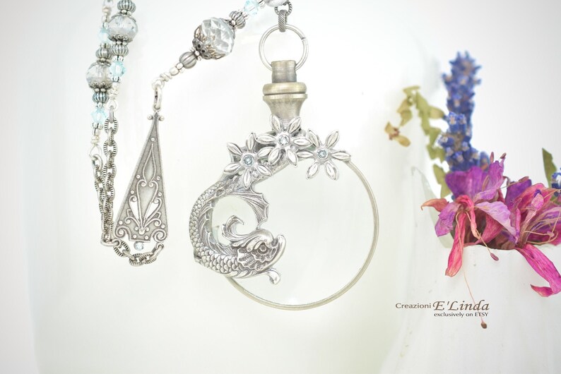 Handmade Art Nouveau Silver Koi Fish Magnifying Glass Pendant Necklace