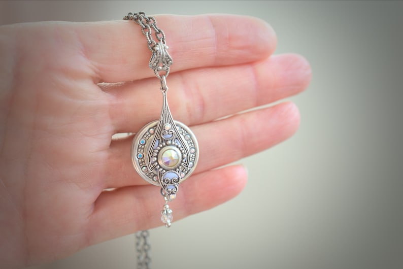 Handmade Art Deco Locket Necklace in Antique Silver with Crystal and Periwinkel Shimmer, Tiny Locket with Photo Printing & Insert Service image 8