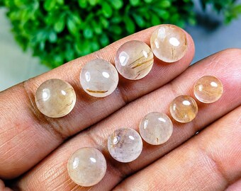Lote de 9 piezas de gemas de cuarzo rutilo dorado natural en forma redonda, cabujón, joyería de piedras sueltas, joyería personalizada.