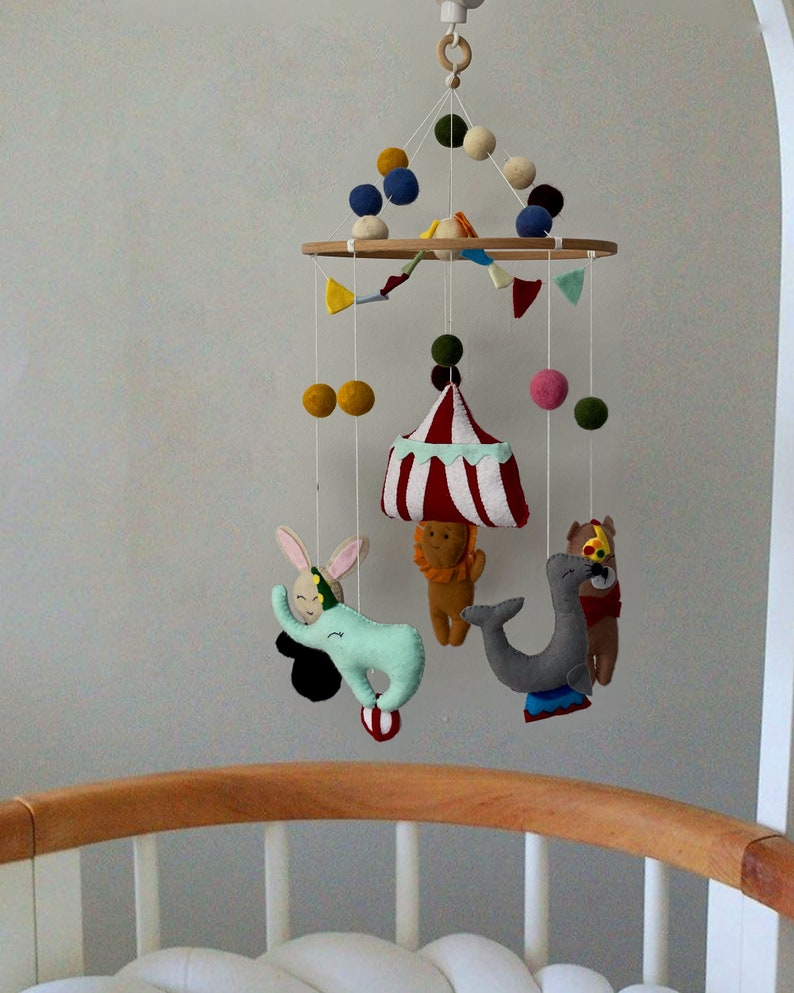 Baby Mobile Circus, Elephant Seal Crib Mobile, Lion Rabbit Cot Mobile - Felted Toddler Toys, Baby Shower Gift, Baby Room Decor, Nursery Room