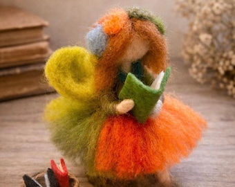 Needle Felted Fairy Reading Tale, Waldorf Wool Doll Home Decor