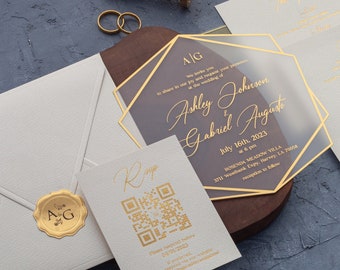 Acrylic Wedding Invitation, Ivory and Gold Wedding Invites, Gold Foil Printed Acrylic Invite, Gold Foil Ivory Wedding Invitations