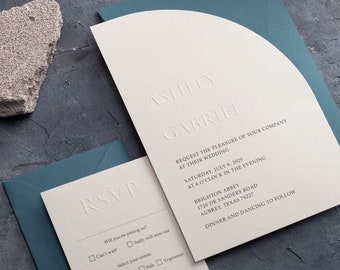 Half Arch Embossed Wedding Invitation with Dusty Blue Envelope, Modern Letterpress Invite - RSVP Card, Details Card and Menu is Optional