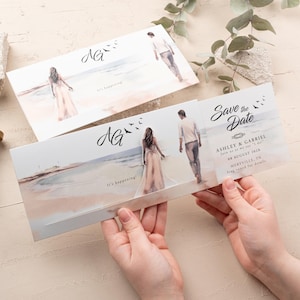Réservez cette date pour la plage : carte coulissante aquarelle avec découpe pour couple, faire-part de mariage côtier, modèle à coulisse pour les mariages à destination