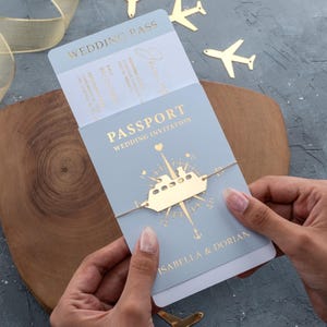 Passport Wedding Invitation Set, Cruise Wedding Invites, Nautical Wedding, Blue Gold Foil, Destination Wedding, Ship Theme Passport