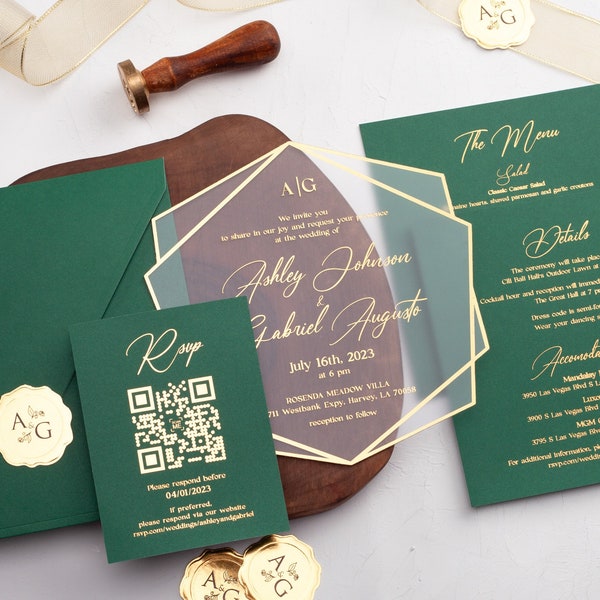 Emerald Green Wedding Invitation, Acrylic Invitation with Gold Foil, Luxury Wedding Invite, Acrylic Invite with QR Code Printed Rsvp Card