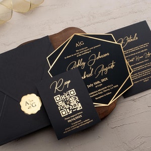 Black and Gold Acrylic Wedding Invitations - Elegant Gold Foil Wedding Invites - Custom Modern Wedding Invitation Set (Optional)