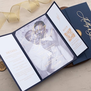 Navy Blue Gold Foil Wedding Invitation Suite – Elegant Folded Invite with RSVP & Details Options