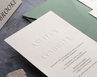 Embossed Wedding Invitation with Sage Green Envelope, Modern Letterpress Invite - RSVP Card, Details Card and Menu is Optional