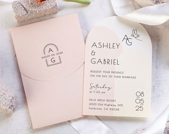 Arch Wedding Invitation - Pink Arch Shaped Boho Invitation Card - Elegant Modern Reception Invite with Light Pink Envelope