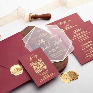 Acrylic Wedding Invite with Burgundy Envelope and Gold Foil Print