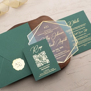 Emerald Green Wedding Invitation, Acrylic Invitation with Gold Foil, Luxury Wedding Invite, Acrylic Invite with QR Code Rsvp Card (Optional)