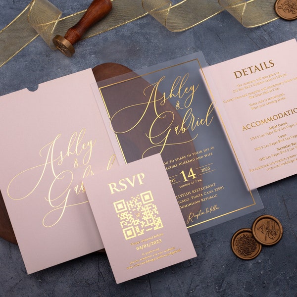 Personalized Acrylic Wedding Invitation, Gold Foil Printed Invitation Card with Blush Pink Sleeve Envelope - Set is optional