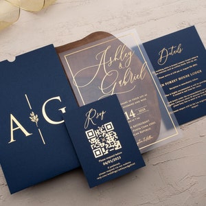 Navy Blue Acrylic Wedding Invitation | Gold Foil Clear Invite | Formal Elegant Wedding Suite