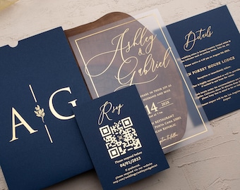 Navy Blue Acrylic Wedding Invitation | Gold Foil Clear Invite | Formal Elegant Wedding Suite
