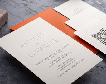 Embossed Wedding Invitation with Burnt Orange Envelope, Modern Letterpress Invite - RSVP Card, Details Card and Menu is Optional