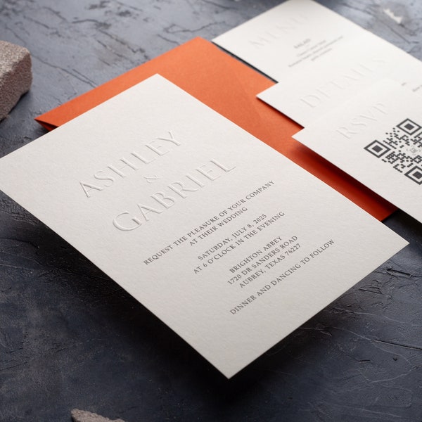 Embossed Wedding Invitation with Burnt Orange Envelope, Modern Letterpress Invite - RSVP Card, Details Card and Menu is Optional