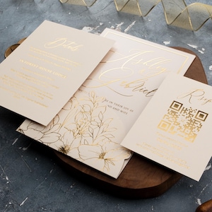 Ivory and Gold Wedding Invitations - Luxury Acrylic Wedding Invitation with Gold Foil, Formal Floral Cream Wedding Invite