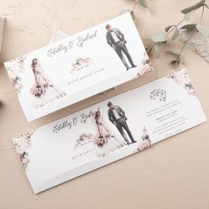 Faire-part de mariage à glissière floral classique - Découpe des mariés, modèle plié coulissant, inscription vintage, carte de cérémonie romantique