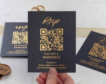 OSA-kort med QR-kod, tryckt i guld, roséguld eller silverfolie, OSA-kort för bröllop, modernt bröllopssvarskort, bröllopsinläggskort