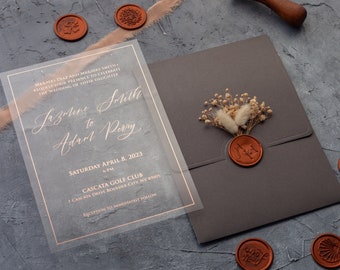 Acrylic Wedding Invitation, Gray Wedding Invites, Rose Gold Foil Acrylic Invite, Printed Wedding Invitations with Wax Seal and Dried Flowers