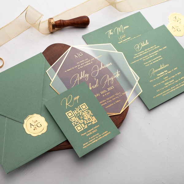 Personalized Acrylic Wedding Invitation, Gold Foil Printed Reception Card, Sage Green Envelope and Monogram Seal - Wedding Set is Optional