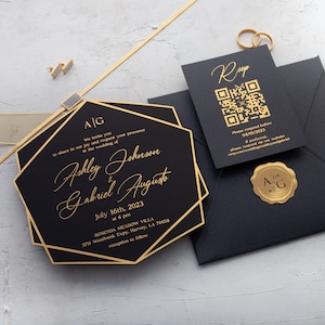 Wedding Invitation, Black and Gold Foil Acrylic Invite, Black Acrylic Wedding Card, Black Wedding Invite, Gold Foil Printed Wedding Invite