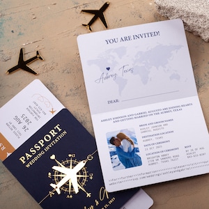 Passport Invitation, Navy Blue and Gold Foil, Wedding Pass, Destination Wedding, Passport-Style Invite