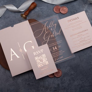Luxury Acrylic Wedding Invitations - Rose Gold and Blush Pink Custom Invite Set with Envelopes